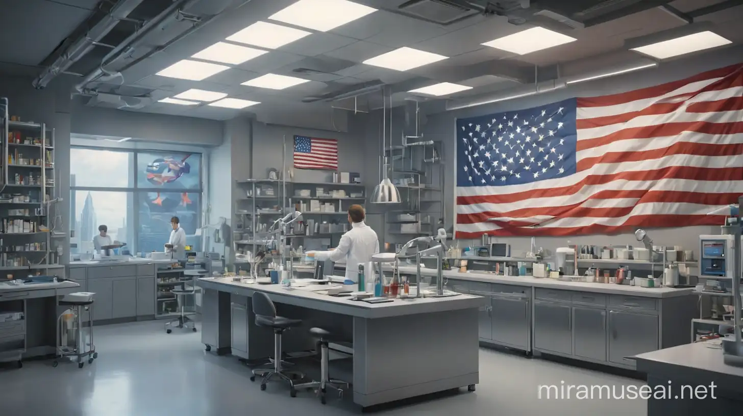 wide background. no people. lab. clinical laboratory. technology. futuristic. creative. fun. fantasy. magical. HEAVEN. SUPER HERO LAB. real USA flag. very detailed. lab. creative. 2024. "CLIA: clinical laboratory act". 