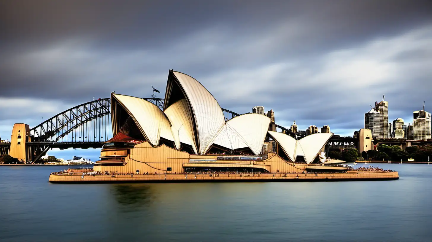 show Sydney Opera House (Sydney, Australia) at its best shape and show its beauty roylaty and greatness,a wide angle image showing Sydney Opera House (Sydney, Australia) at its peak beauty