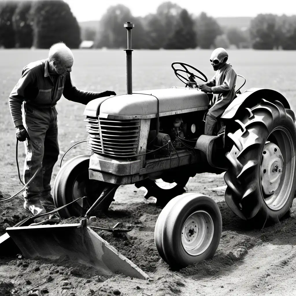 Alien Repairing Tractor in Black and White Photograph