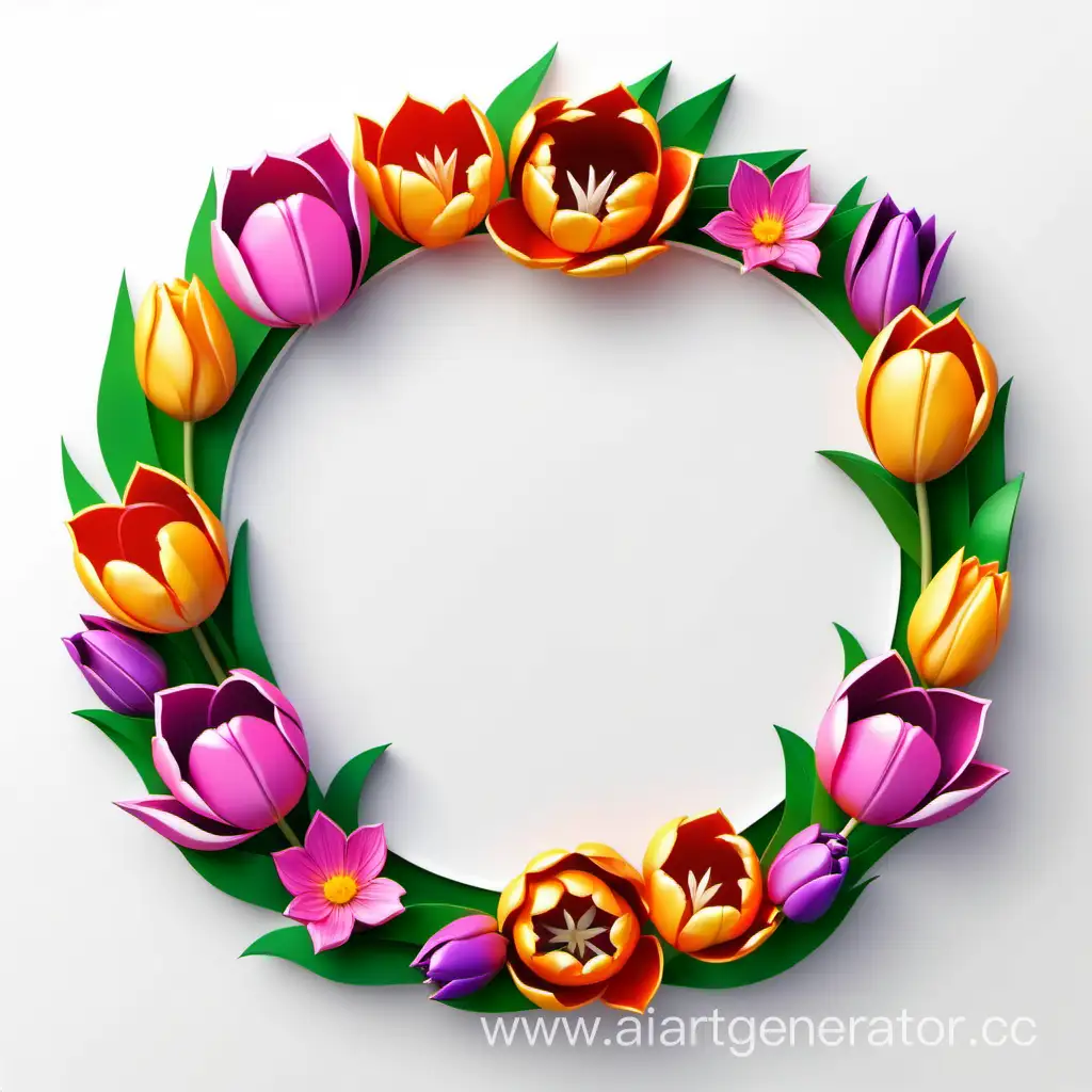 simple icon of a 3D cercle border bright floral wreath frame, made of border tulip flowers. white background.