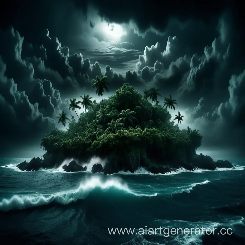 жуткий, необитаемый, большой остров с джунглями, ночь, много туч, шторм на море.