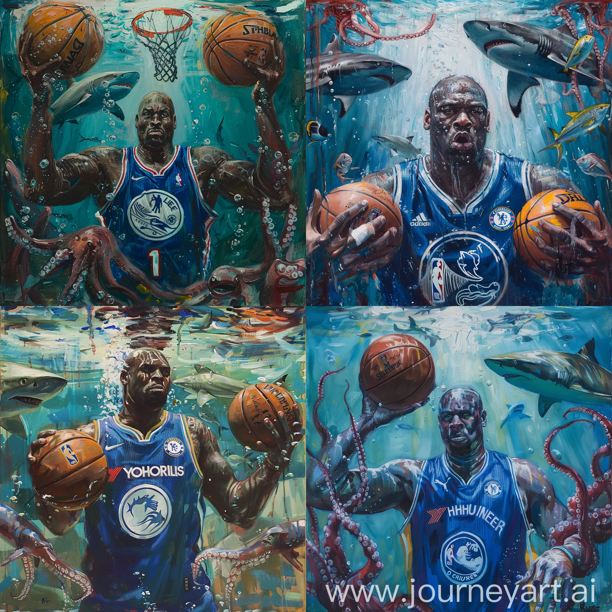 Make an impressionistic oil painting of Shaquille O'Neal underwater holding a basketball between both his hands. He is wearing a Chelsea football jersey. In the background there should be squids, sharks and fish