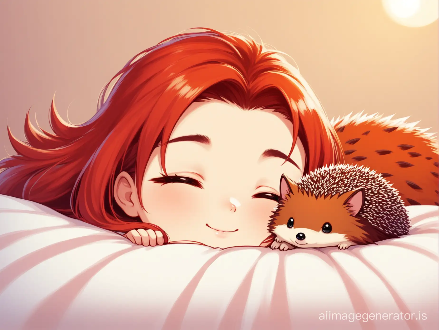 The girl hedgehog is lying on the bed, on top of her is a three-colored red cat
