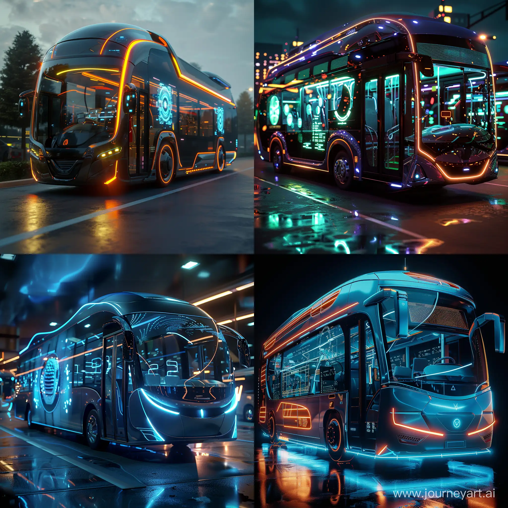 Futuristic bus, world of high tech, world of interactive holograms, octane render