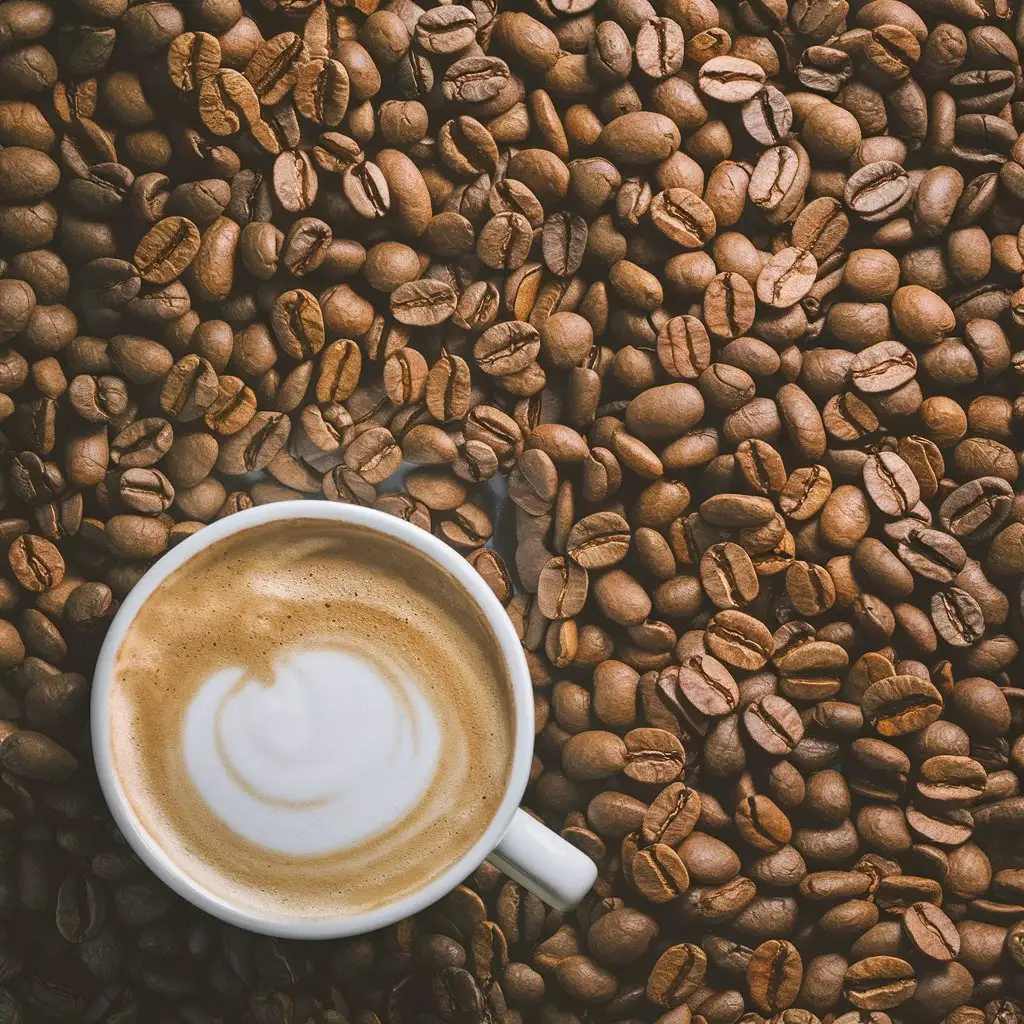 Generate an aesthetic image of coffee beans with a cappuccino cup in corner to use as a background image
