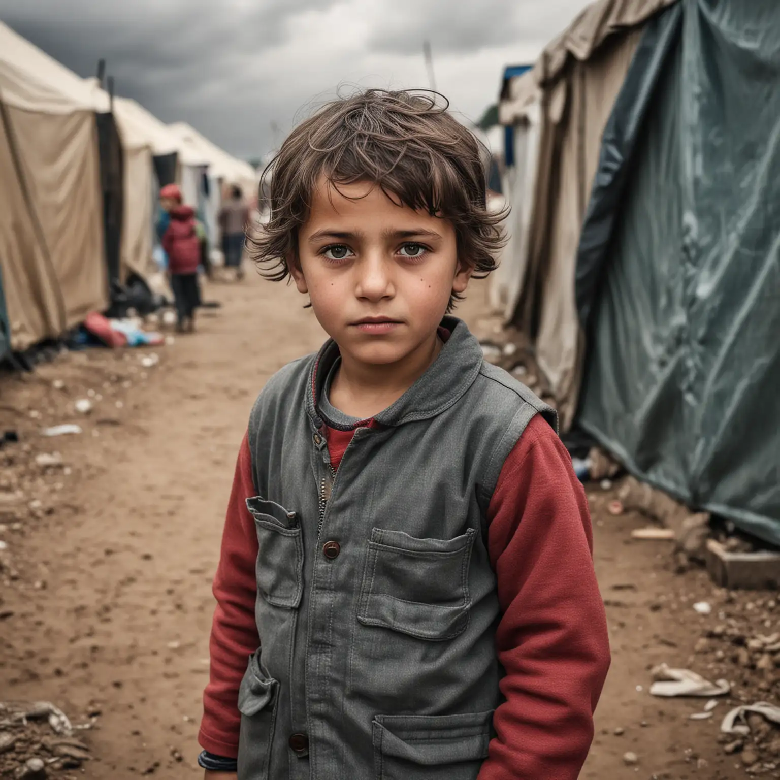 A realistic photograph of a refugee child in a camp