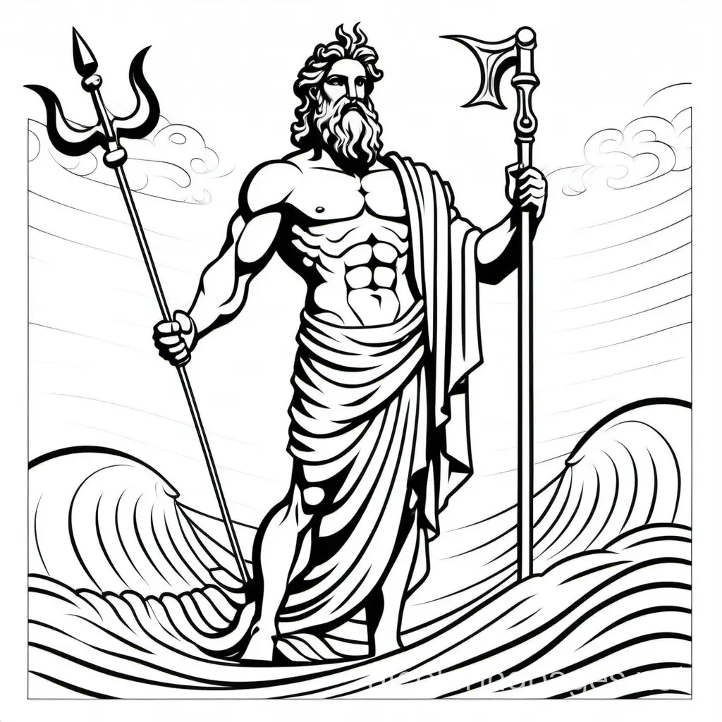 Poseidon ancient greek god, Coloring Page, black and white, line art, white background, Simplicity, Ample White Space. The background of the coloring page is plain white to make it easy for young children to color within the lines. The outlines of all the subjects are easy to distinguish, making it simple for kids to color without too much difficulty