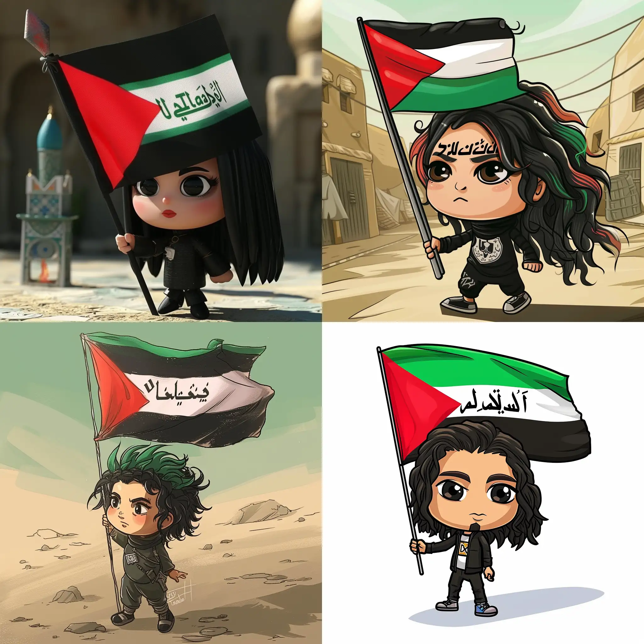I want a cartoon character carrying the Palestinian flag with Iyad Al-Tajer written on it, in an eye-catching way, in hair colors and black, and in high quality.