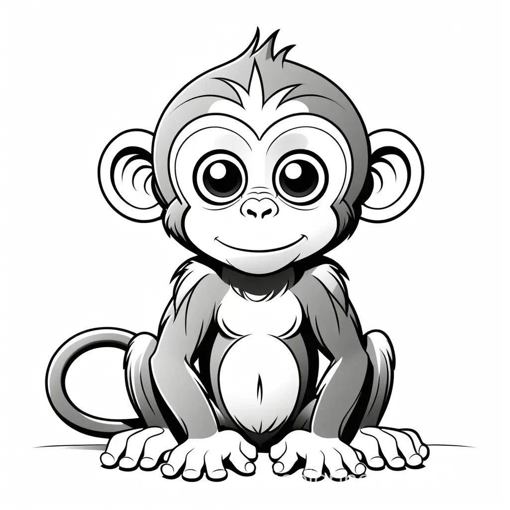 Monkey, Coloring Page, black and white, line art, white background, Simplicity, Ample White Space. The background of the coloring page is plain white to make it easy for young children to color within the lines. The outlines of all the subjects are easy to distinguish, making it simple for kids to color without too much difficulty