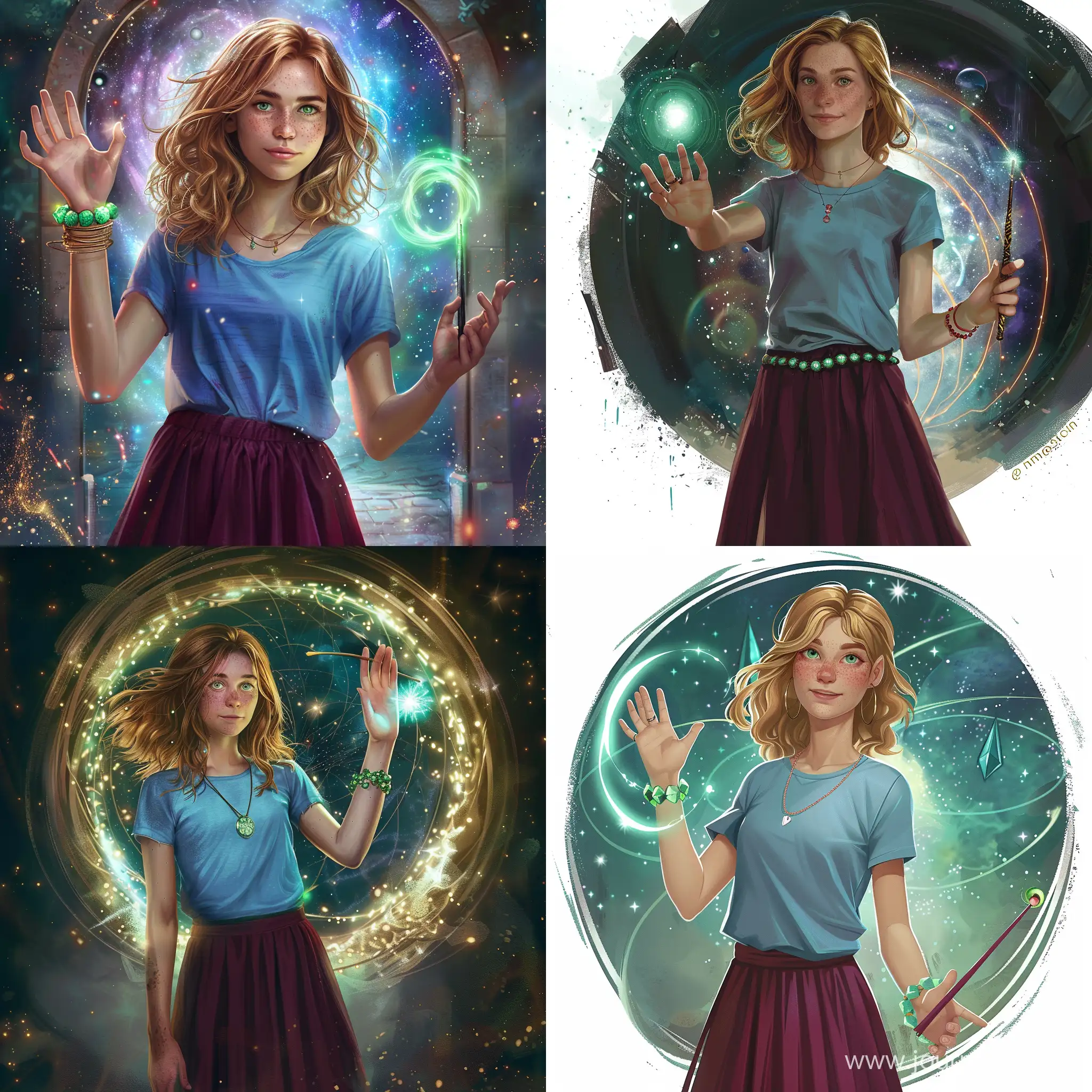 Enchanting-Girl-with-GreenGlowing-Bracelet-and-Magic-Wand-Summoning-Portals-to-Other-Galaxies