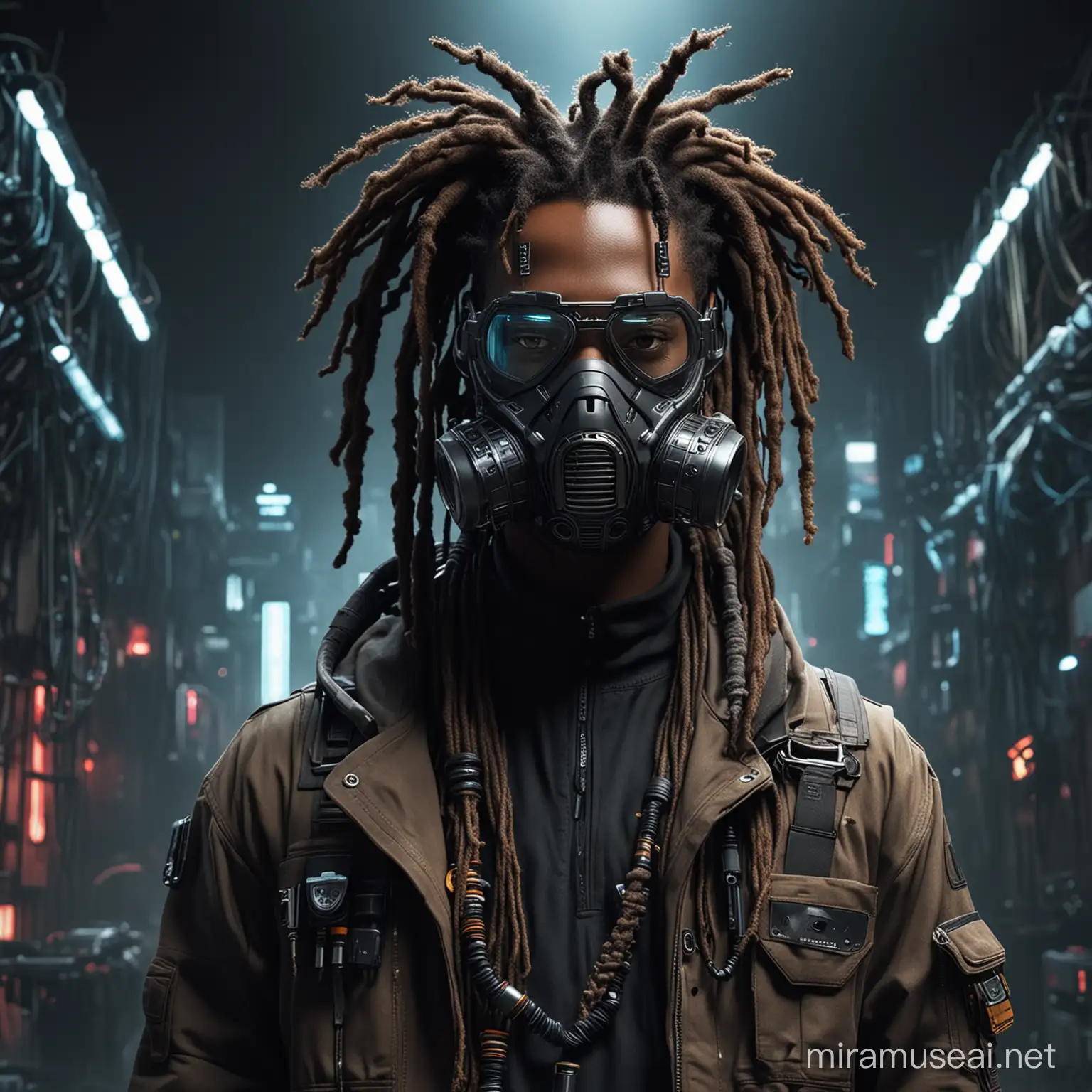 Imagine a movie poster based on the portrayal of A black Craftsman with dreadlocks creating trap music and transitioning to becoming a master Craftsman with musical abilities and his purpose in life. The craftsman is wearing futuristic clothes, he has on an advanced cyberpunk respiratory mask covering his mouth and advanced eye protection covering his eyes. Full body photo