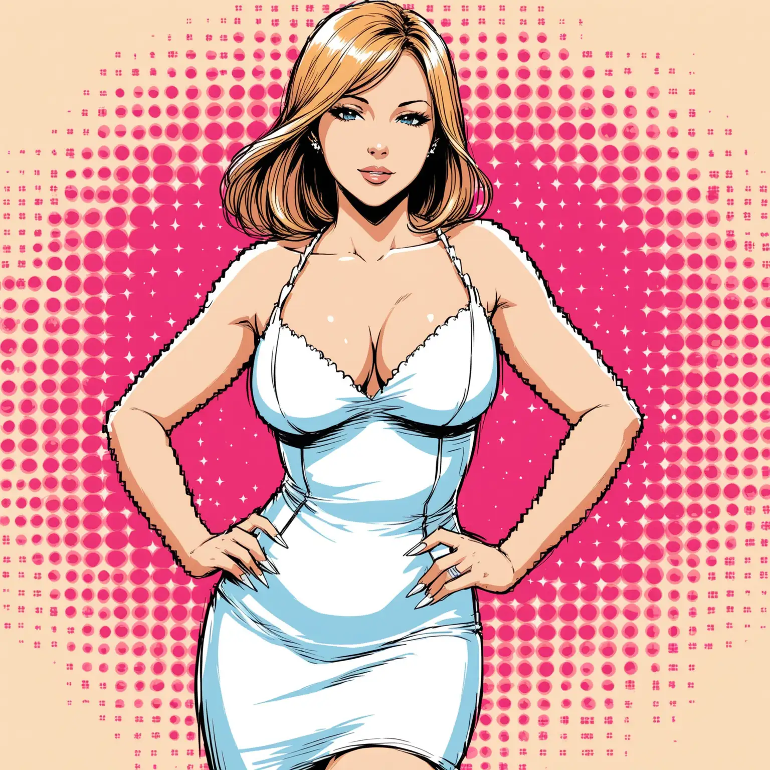 dans un style bande dessinée :
une femme élégante au trait de la chanteuse française jennifer qui porte un robe courte blanche avec un décolleté en v qui montre ses formes.
