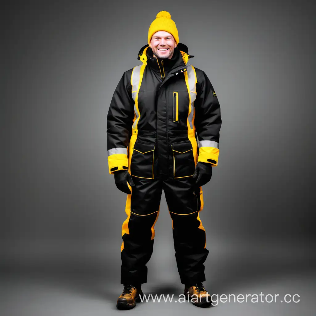 beautiful insulated warm workwear scandinavian man smile black yellow front view full length