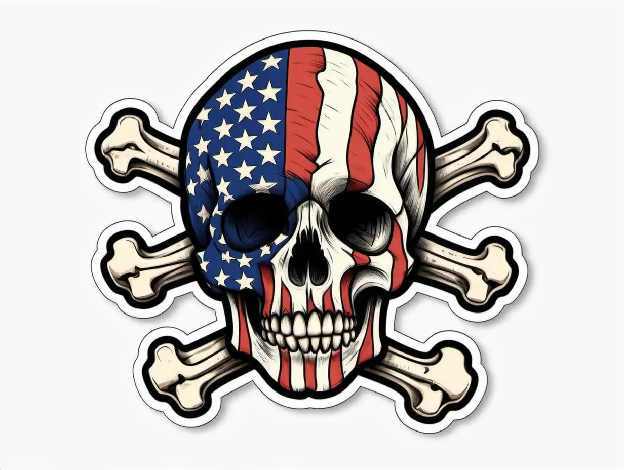 /imagine prompt:American Flag Skull and bone, Sticker, Adorable, Earthy, Hand-Drawn, Contour, Vector, White Background, Detailed
