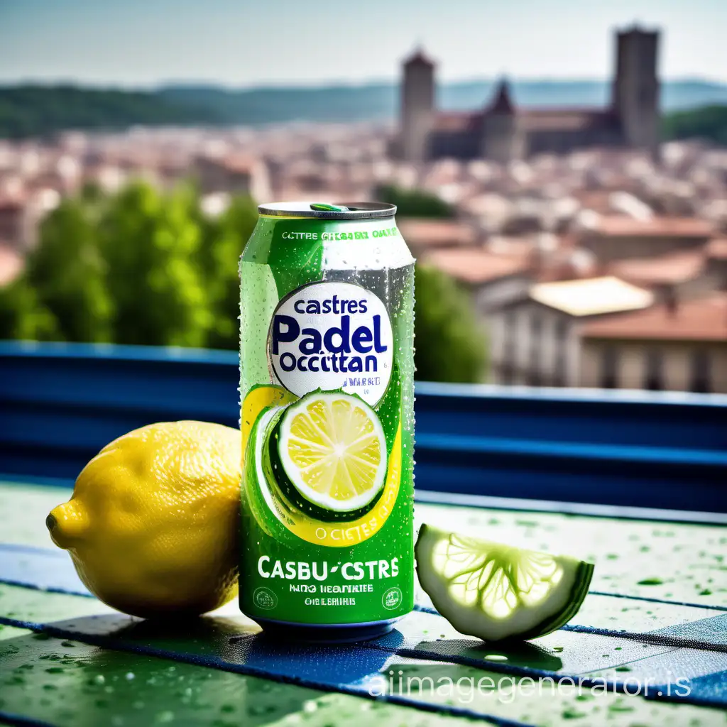 Carbonated beverage "CASTRES OCCITAN PADEL" with cucumber essence: background CITY OF CASTRES, natural lighting, lemon setting, harmonious shades of green, soda can element, clear focus, summery atmosphere.