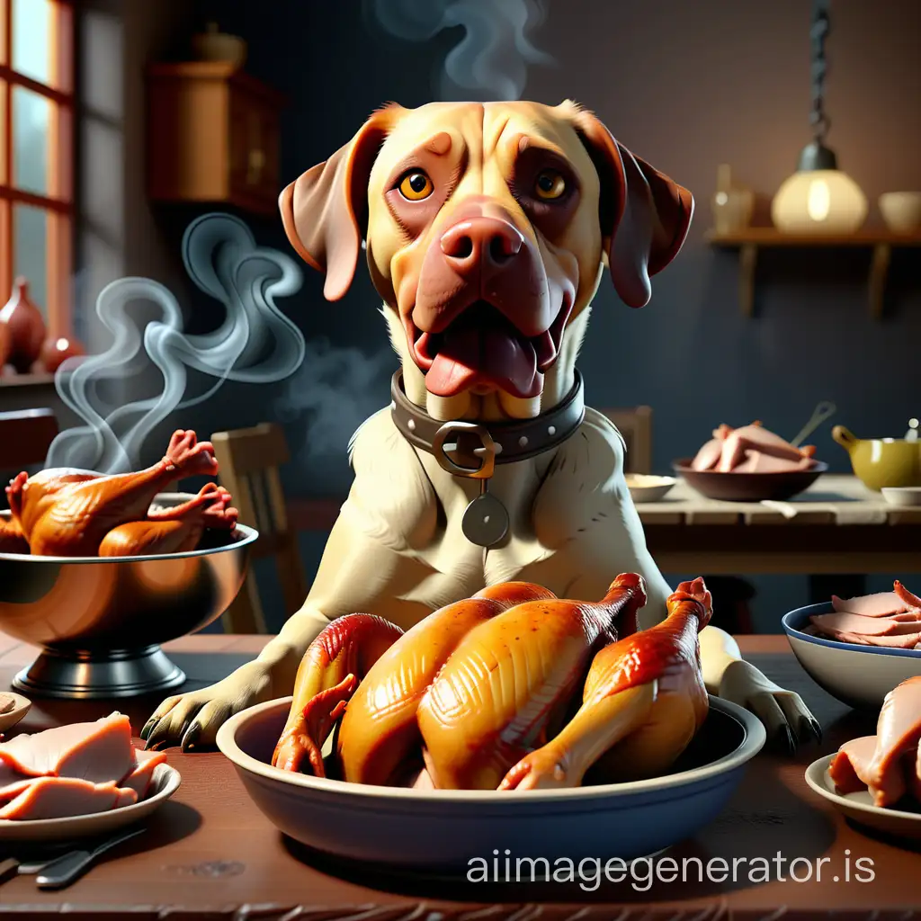 dog sitting at the table in front of a bowl of smoked chicken, Shutterstock winner, photorealism, stylized 3d rendering, Alexey Egorov, Greg Rutkowski