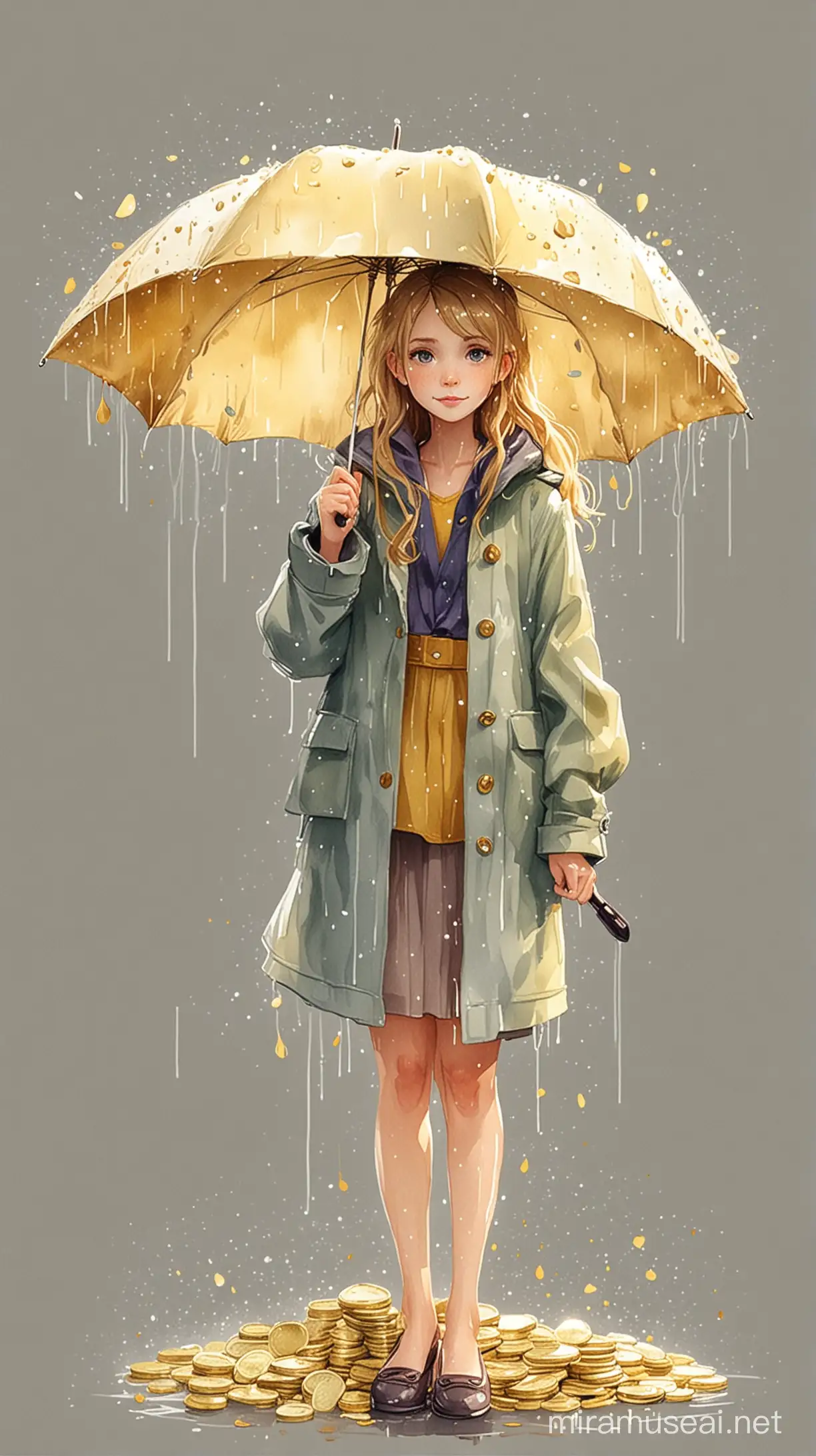 Rainy Girl Holding Umbrella Watercolor Money and Gold Animation for Presentations