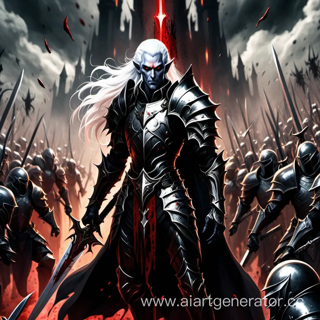 A tall dark elf with white hair in black armor holds a sword, blood is all around, and an army of black knights comes out of a spatial rift behind