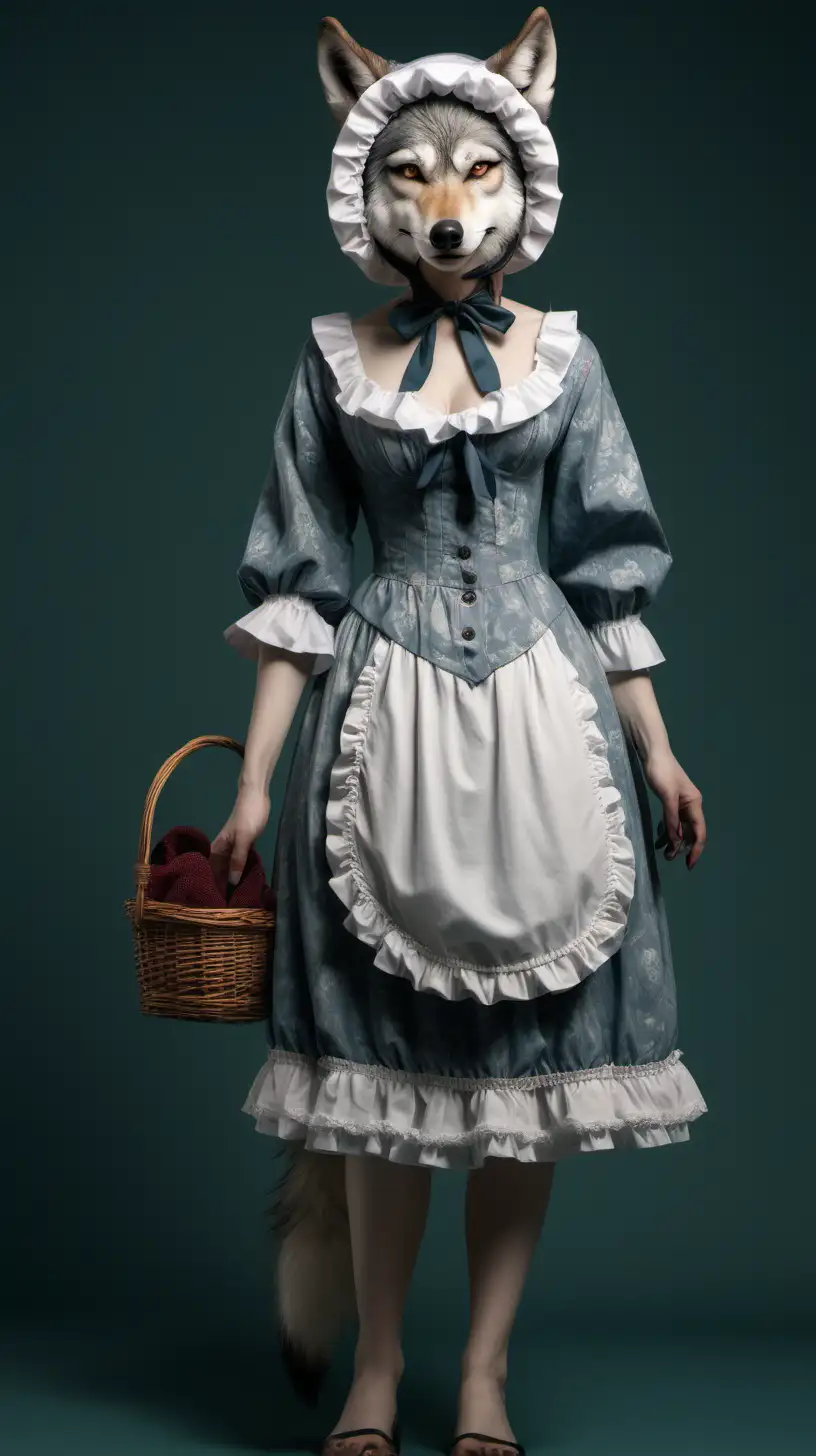 a wolf in woman clothes wearing a bonnet full body view
