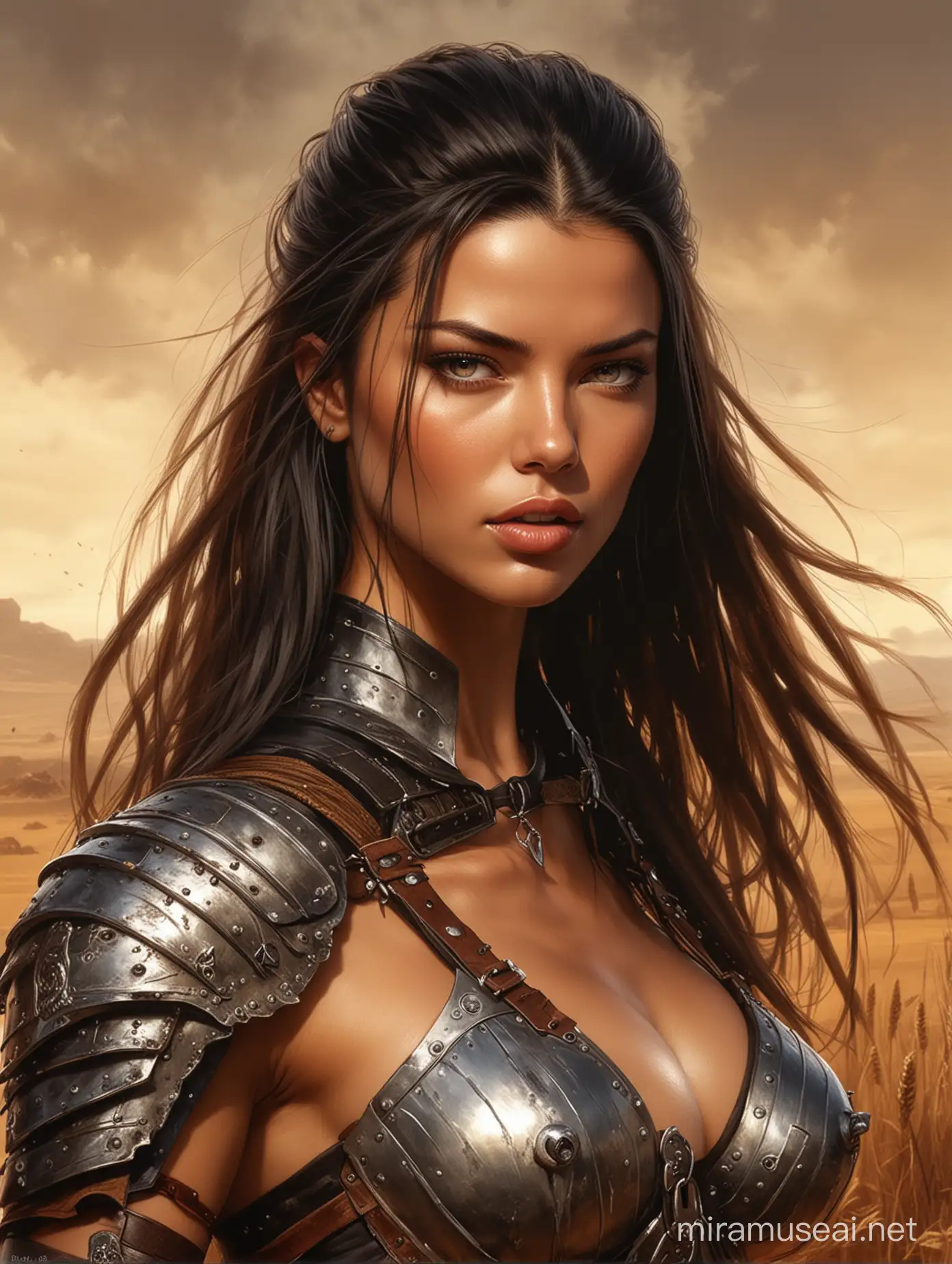 adriana lima, wide-angle portrait painting of . Style of Luis Royo inspired fantasy female warrior art. black, tan, wheat, rosybrown colors. 8K HD
