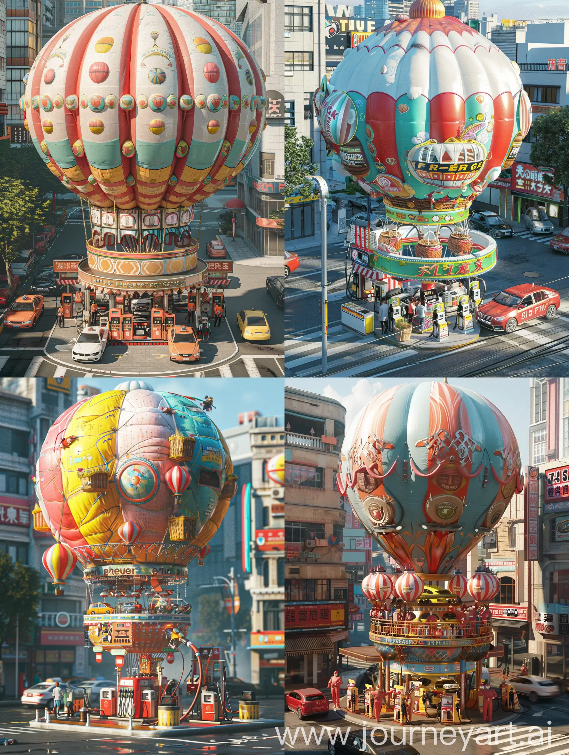 一个巨型热气球造型的加油站，矗立在城市街道上。热气球的外形设计为一个充气式的加油站，颜色鲜艳，充满童话般的感觉。热气球的篮子部分是加油站的服务区，装饰着各种汽车相关的图案和元素，如油枪、汽油桶等。热气球顶部有一个巨大的气球，仿佛随时准备飞向天空。
车主们可以驾车前来这个热气球加油站，体验独特的加油服务。工作人员穿着特制的热气球服装，热情地为车主们提供加油服务。周围的街道上停满了各种款式的汽车，繁忙而有趣的氛围。

