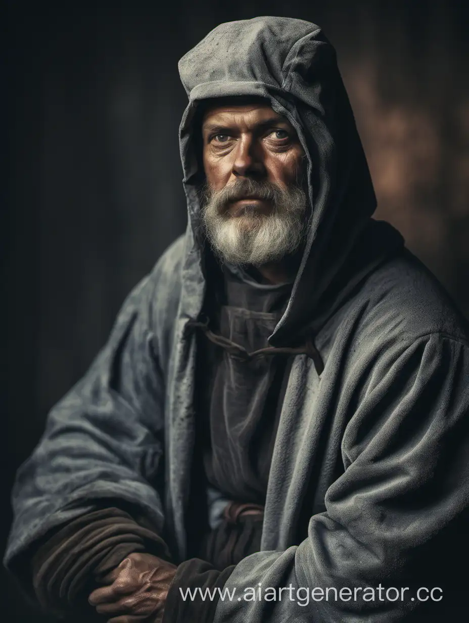 Portrait of a medieval miner in a gray robe