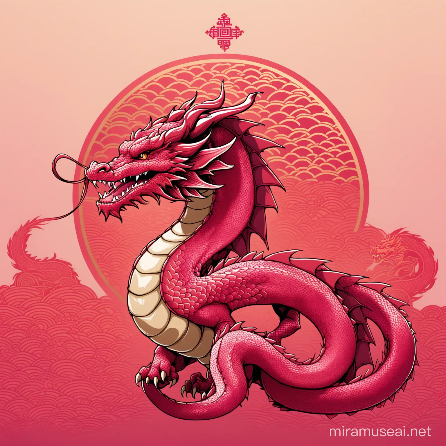 A reddish brown cute serpentine dragon against a background of pink colours and Chinese motifs; silkpunk motifs