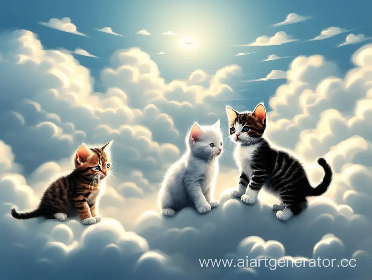 реалистичные облака на которых играют  нарисованные котята