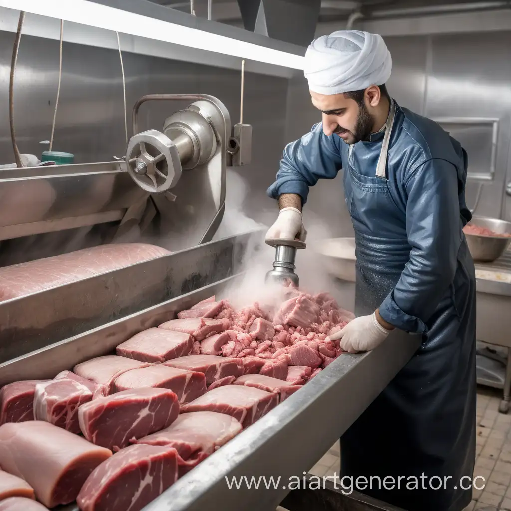 Syrian-Worker-Operating-Conveyor-with-Meat-Grinder