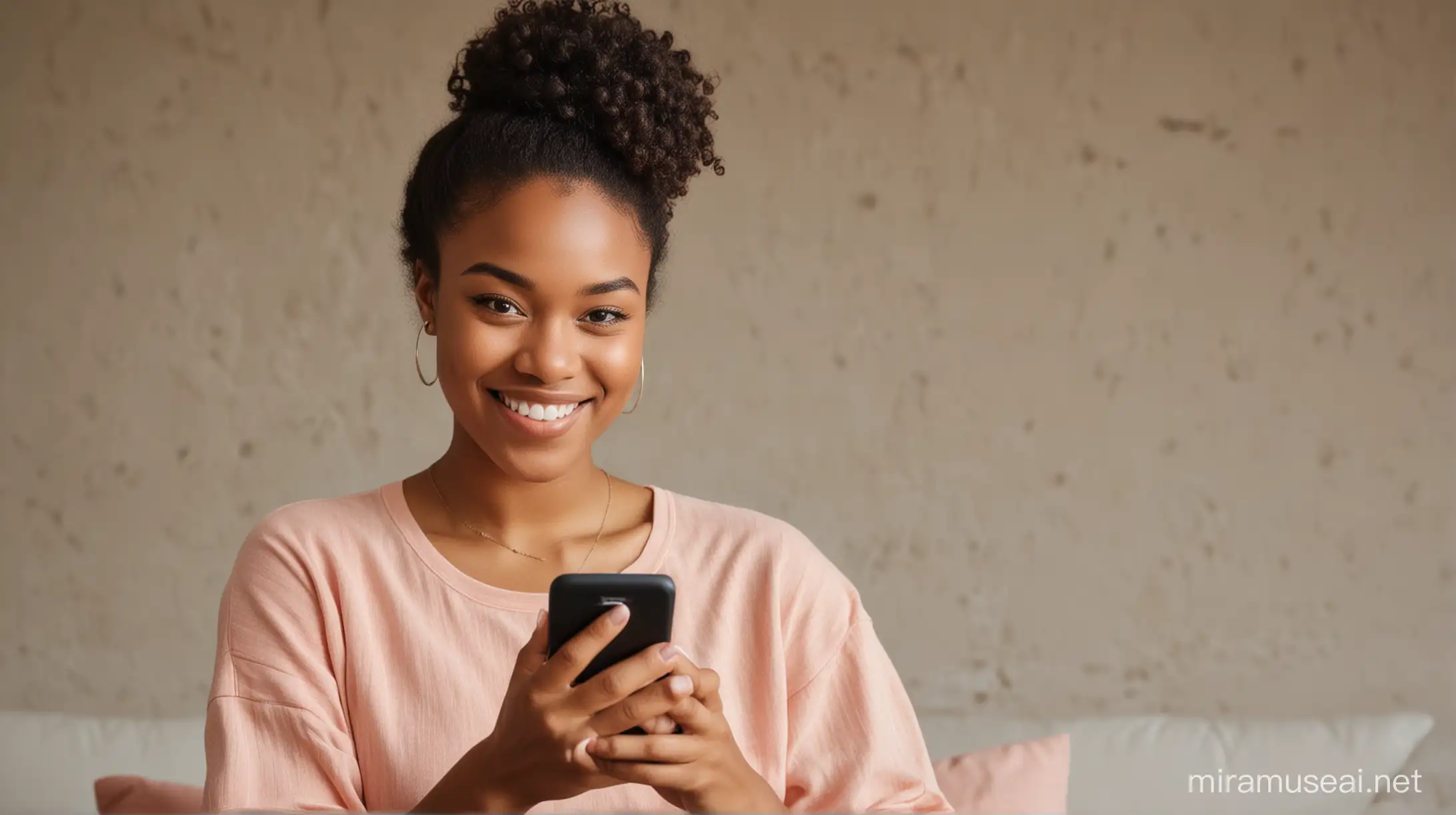 African American young woman smiling and texting on her phone.