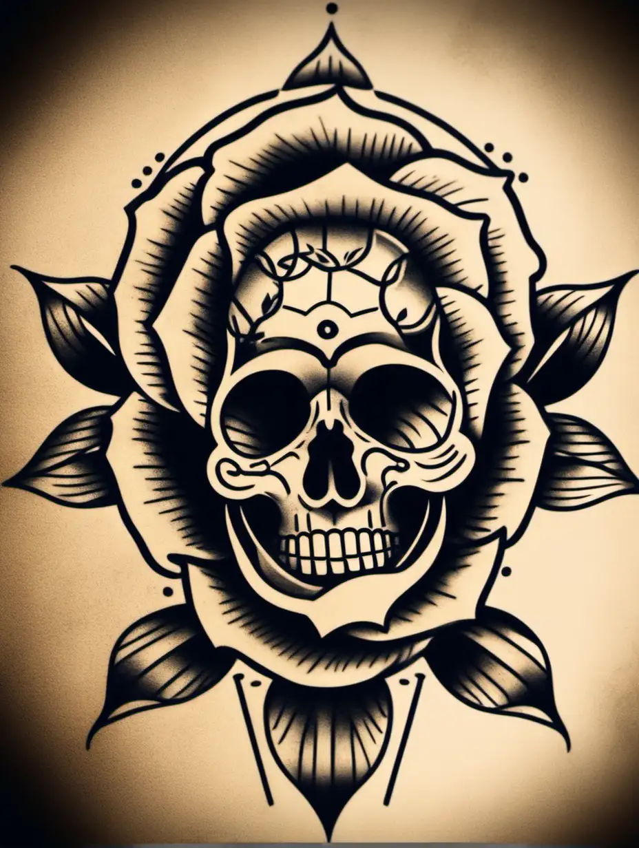 Traditional Tattoo Design Rose and Skull Stencil