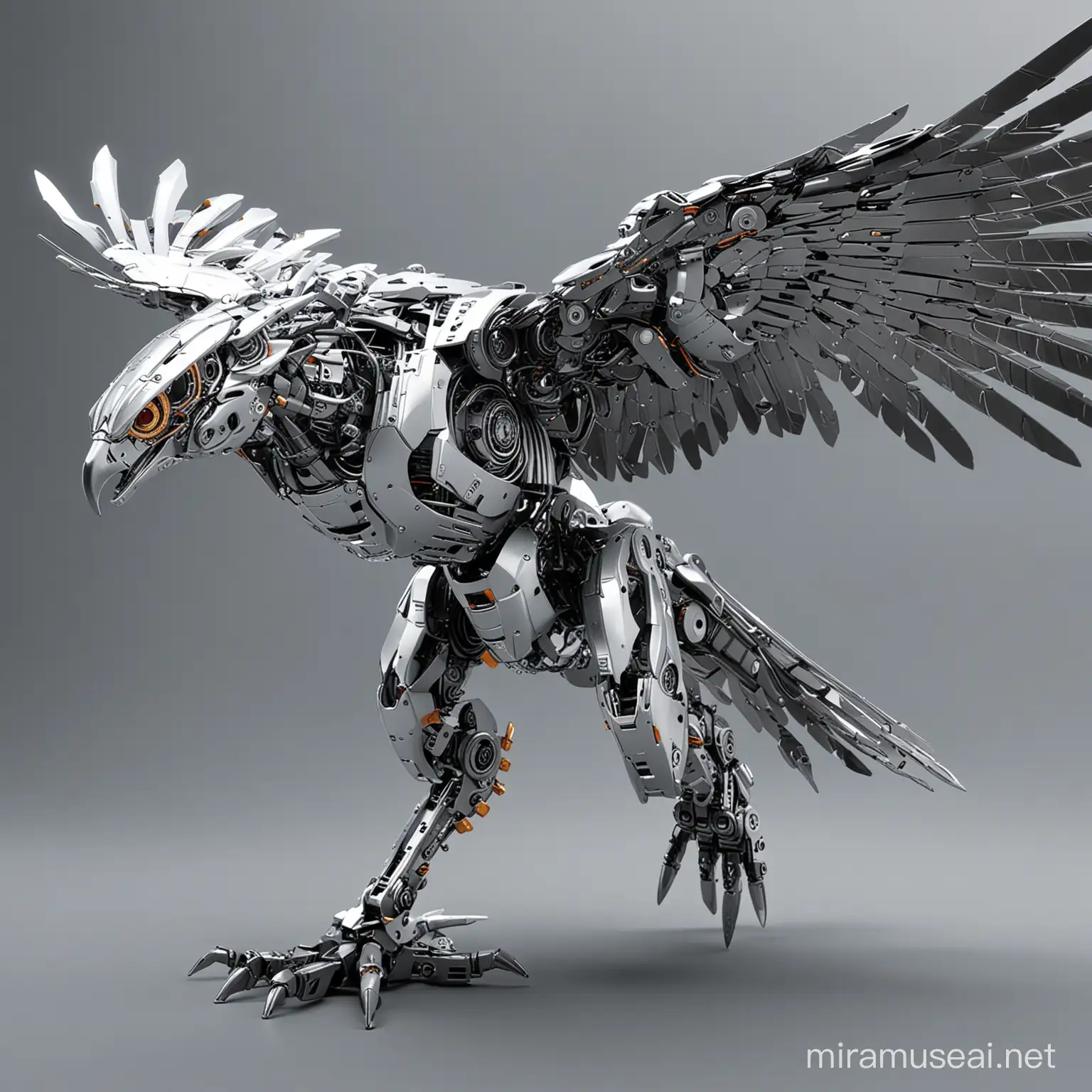 Metallic Cyber Hawk in Futuristic City Skyline