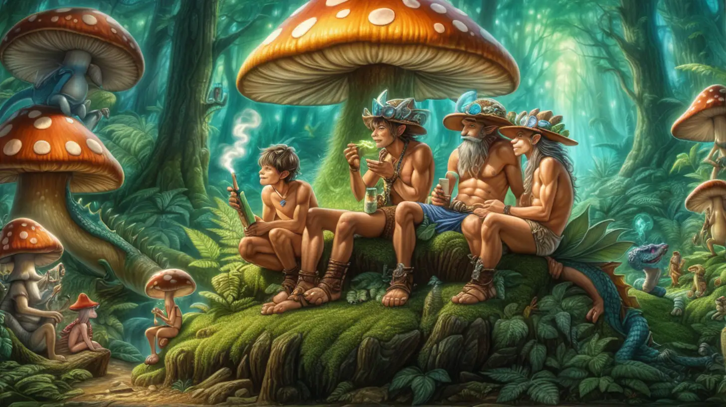 Enchanted Cannabis Forest Anthropomorphic Dragon Boys Cuddling on Giant Mushroom