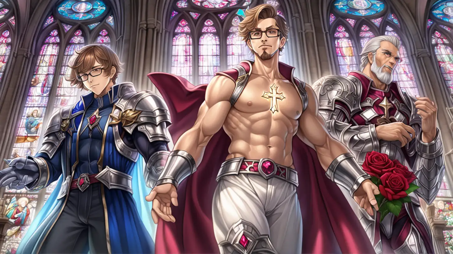 3 handsome shirtless men short hair stubbles goatee muscular glasses hairy show chest show abs show legs full body shot silver bracelets sapphire ruby leg armor floating mid air aura roses church stained glass 
