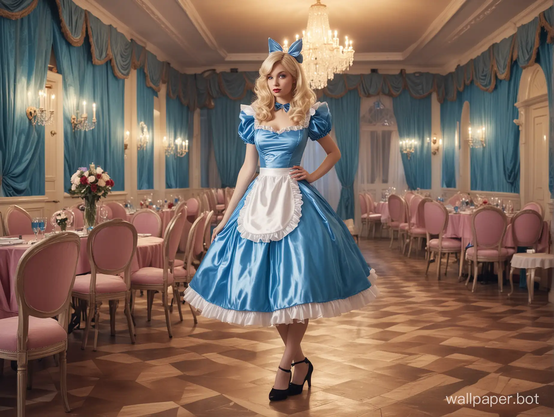 A young adult Caucasian woman cosplaying as Disney’s Alice in Wonderland if she were at an 80s-themed prom event. The character’s iconic blue satin dress is in the style of a 1980’s prom dress, with poofy shoulders, a large bow, wide poofy skirt, ruffled apron, stockings, and high heels. The woman wears a styled blonde wig. The background is a whimsical banquet hall., photo, cinematic