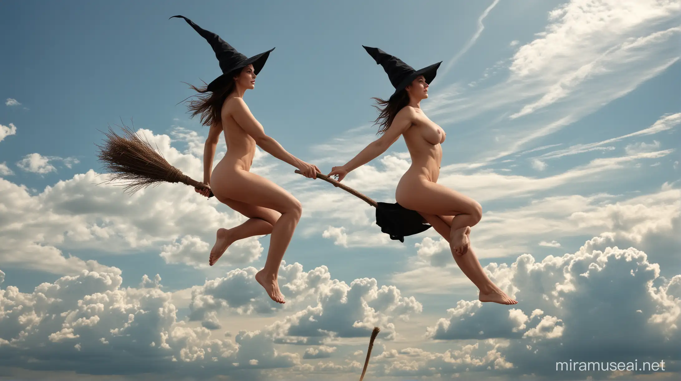naked woman witch broomstick riding in sky