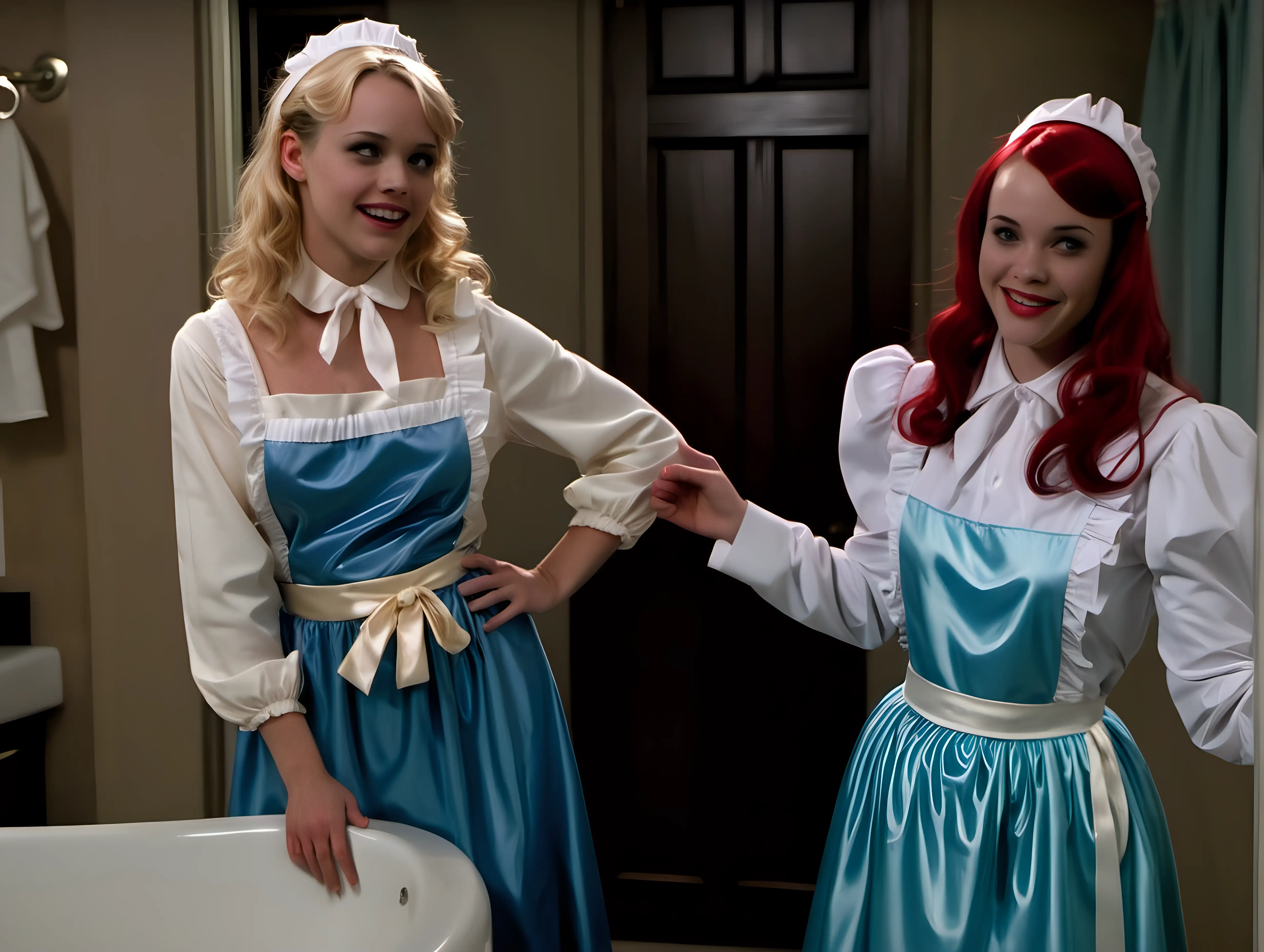 girls in long   crystal silk satin blue cream retro maid  gown with white apron and peter pan colar and long sleeves costume and milf mothers long blonde and red hair,black hair  rachel macadams and margo robin smile clean bathroom