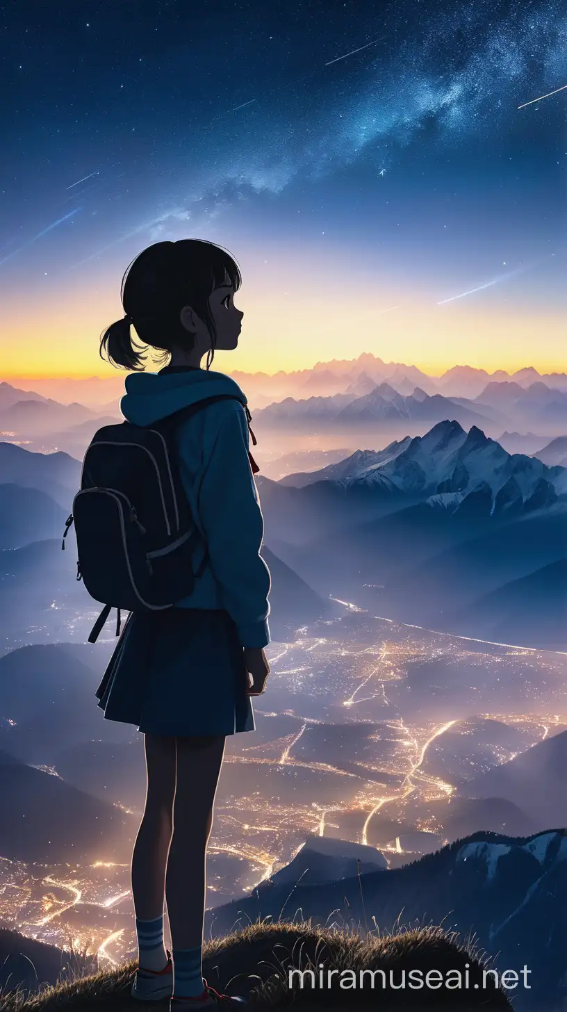 morning glow, shimmering ray of lights, alps in the light, silhouette of a girl, beautiful scenery, looking into the sky, sky full of stars, like the movie your name