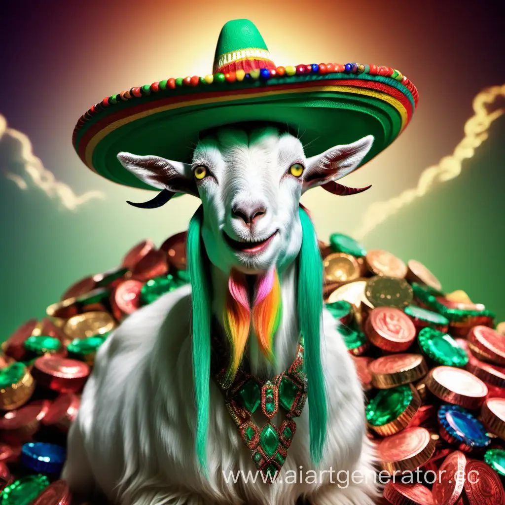 Whimsical-Goat-Wearing-Oversized-Sombrero-and-Multicolored-Beard-Surrounded-by-Emeralds