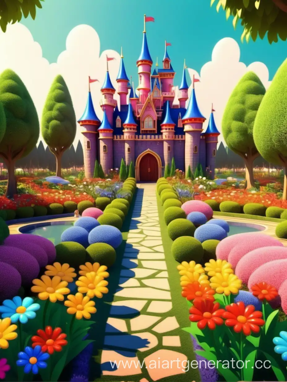 Cartoon-Kingdom-with-Flower-Garden-Whimsical-Fantasy-Landscape-Illustration