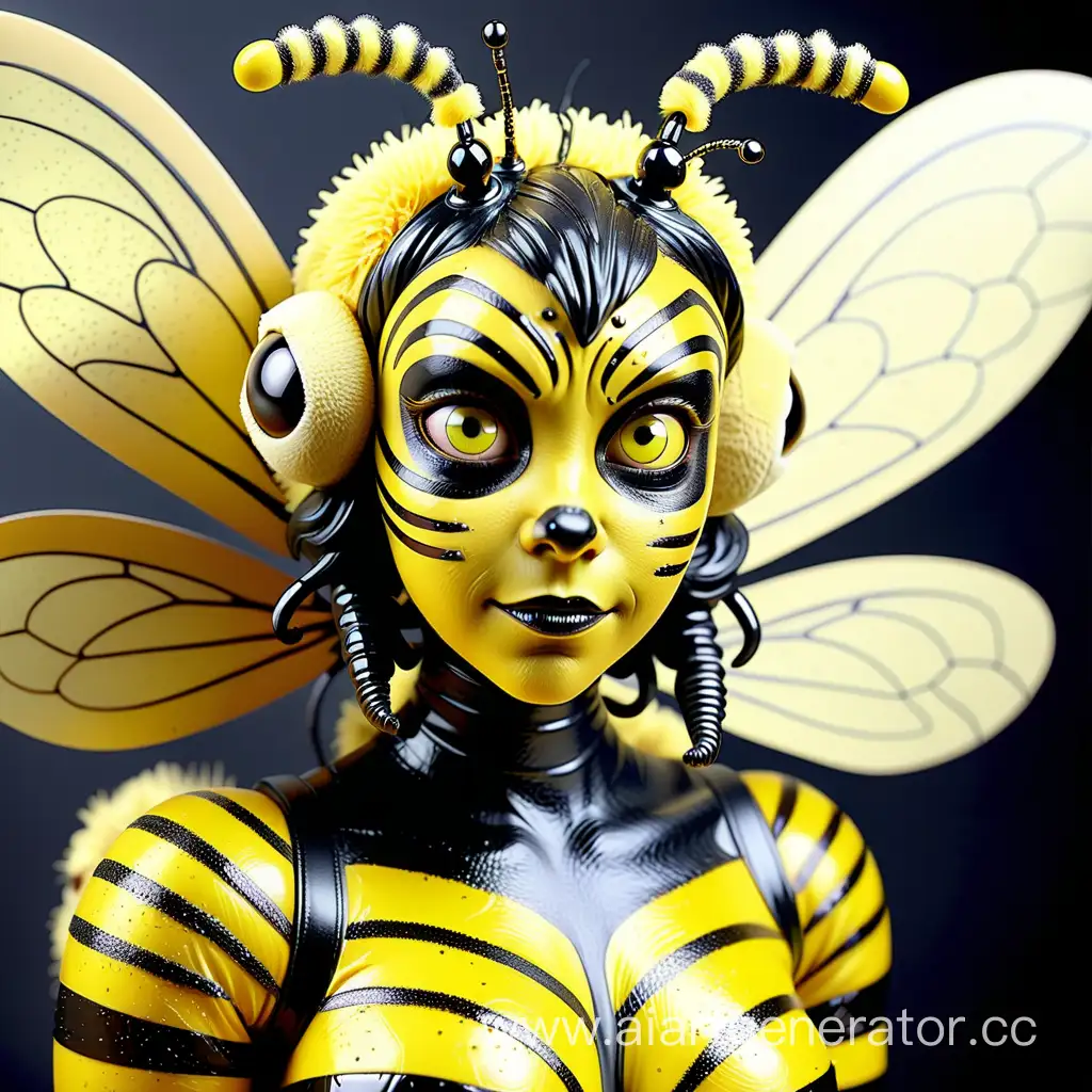- Латексная девушка фурри пчела с желтой в черную полоску латексной кожей покрытой блестками с глазами пчелы с усиками на голове с большими крыльями на спине с Головой насекомого вместо лица