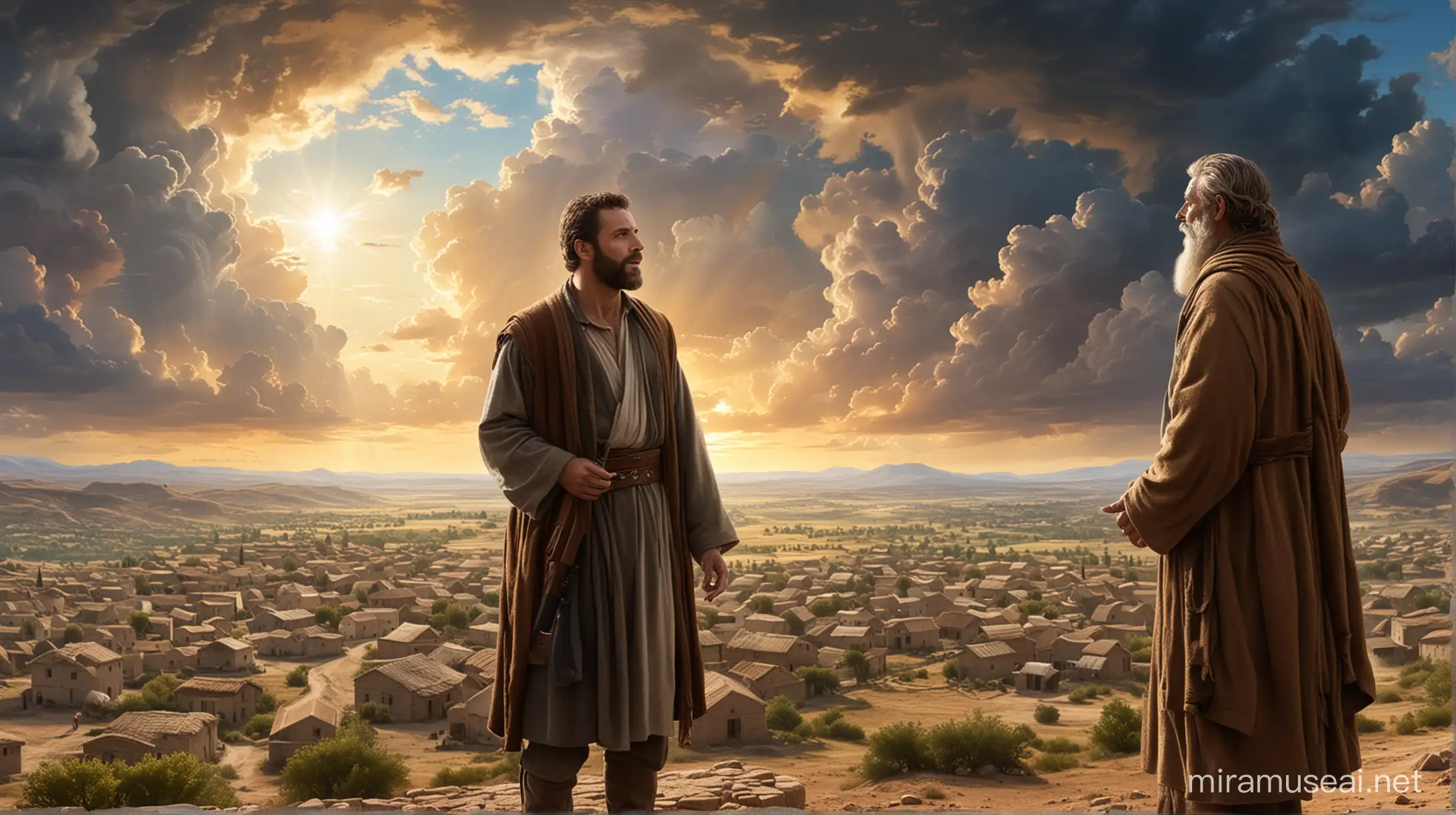 Abraham speaking with Godly looking man, a big village in the distance, and a magnificent sky