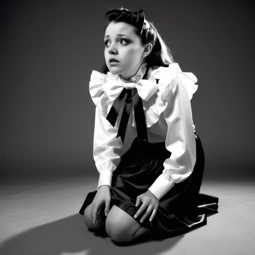 Young woman wearing a white satin blouse with high-neck ruffles and large ribbon-bow collar and satin skirts kneels on the floor with hands clasped and looks up desperately full body facing away from the camera
