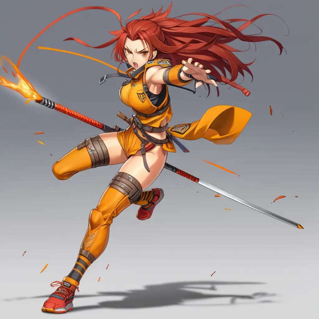 anime woman, tall, buff, wild expression, sharp eyes, intimidating, intense, tomboy, hair down, vicious, full body, bo staff, red, orange, yellow, partially armored, action pose, dynamic movement, high energy, sprinting forward