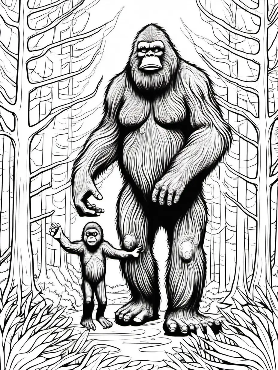bigfoot mother with herbaby ,line drawing, no shading, coloring book page