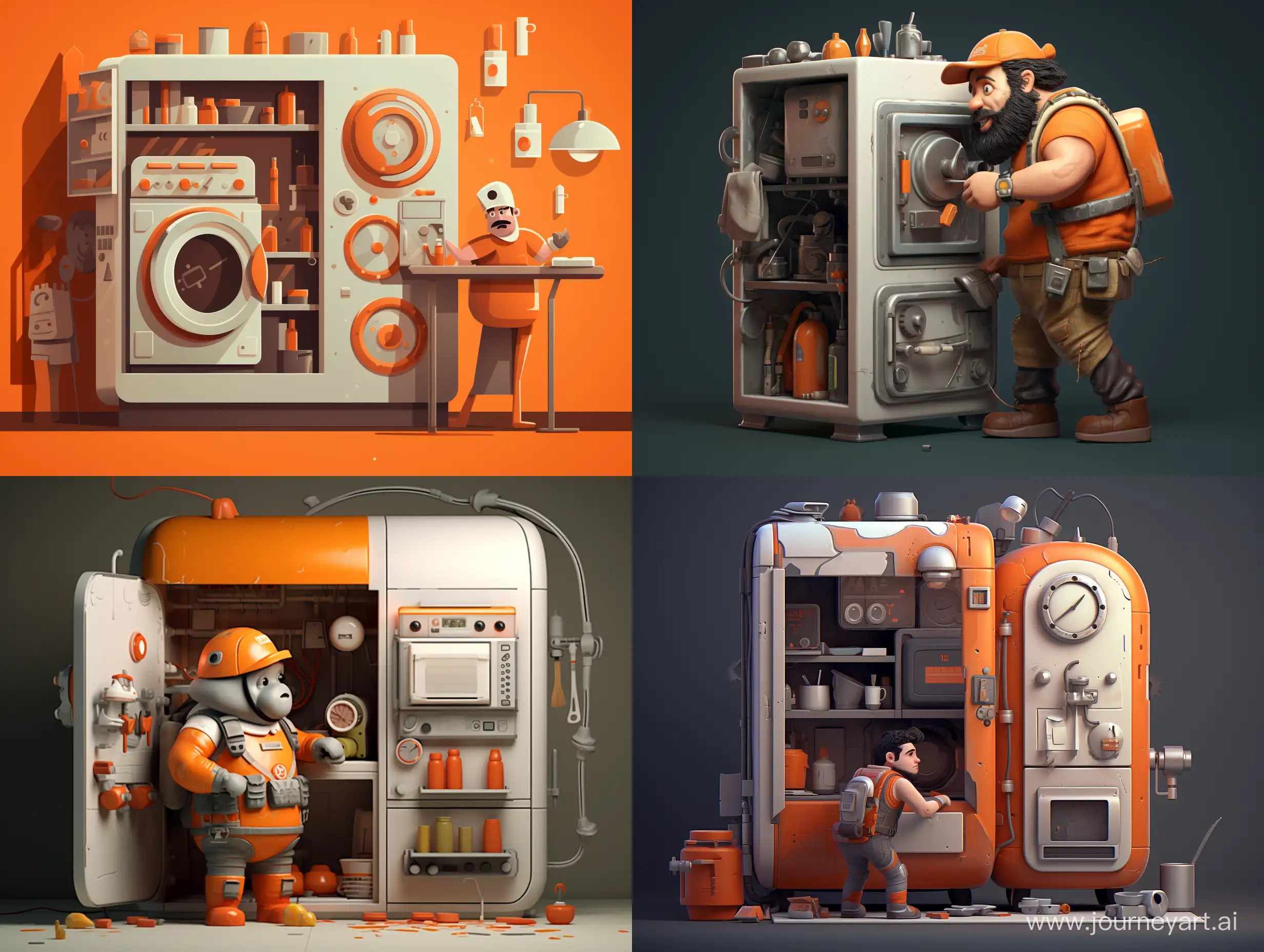 An animated repairman repairing a refrigerator wearing a gray and orange 