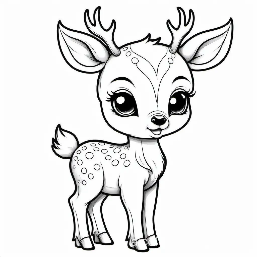 Cute Baby deer without background For kid, Coloring Page, black and white, line art, white background, Simplicity, Ample White Space. The background of the coloring page is plain white to make it easy for young children to color within the lines. The outlines of all the subjects are easy to distinguish, making it simple for kids to color without too much difficulty