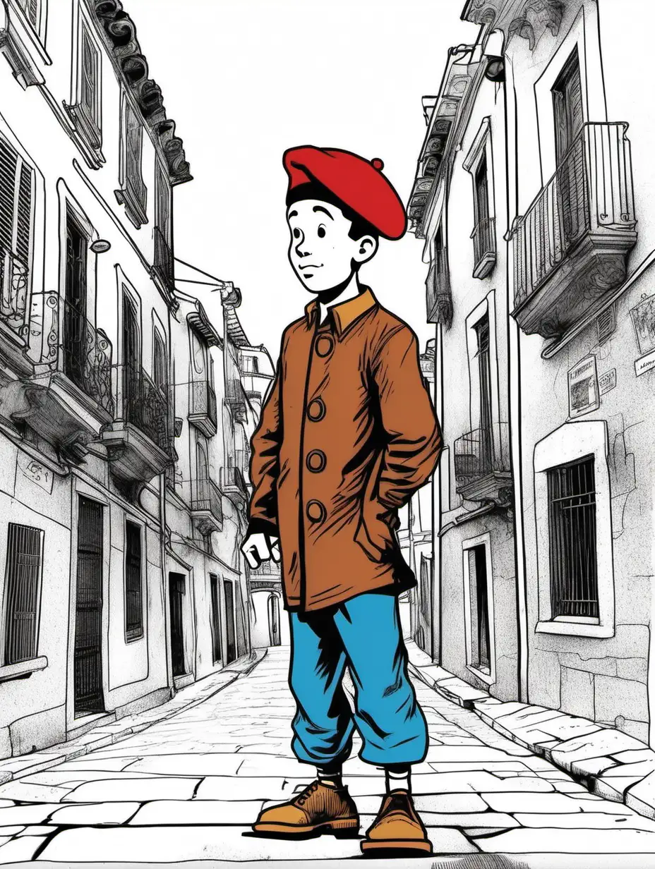 create a haddock style comic book drawing of a hispanic boy with red beret and tintin outfit in the street of old city lisbon
