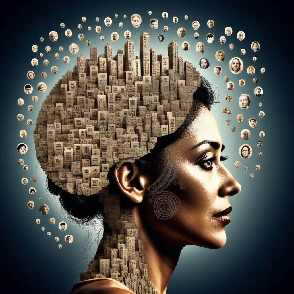 create an image that represents  a woman contemplating the ideation of redefining the most successful people as those who value people over profit. Add detailed elements that represent humanity.