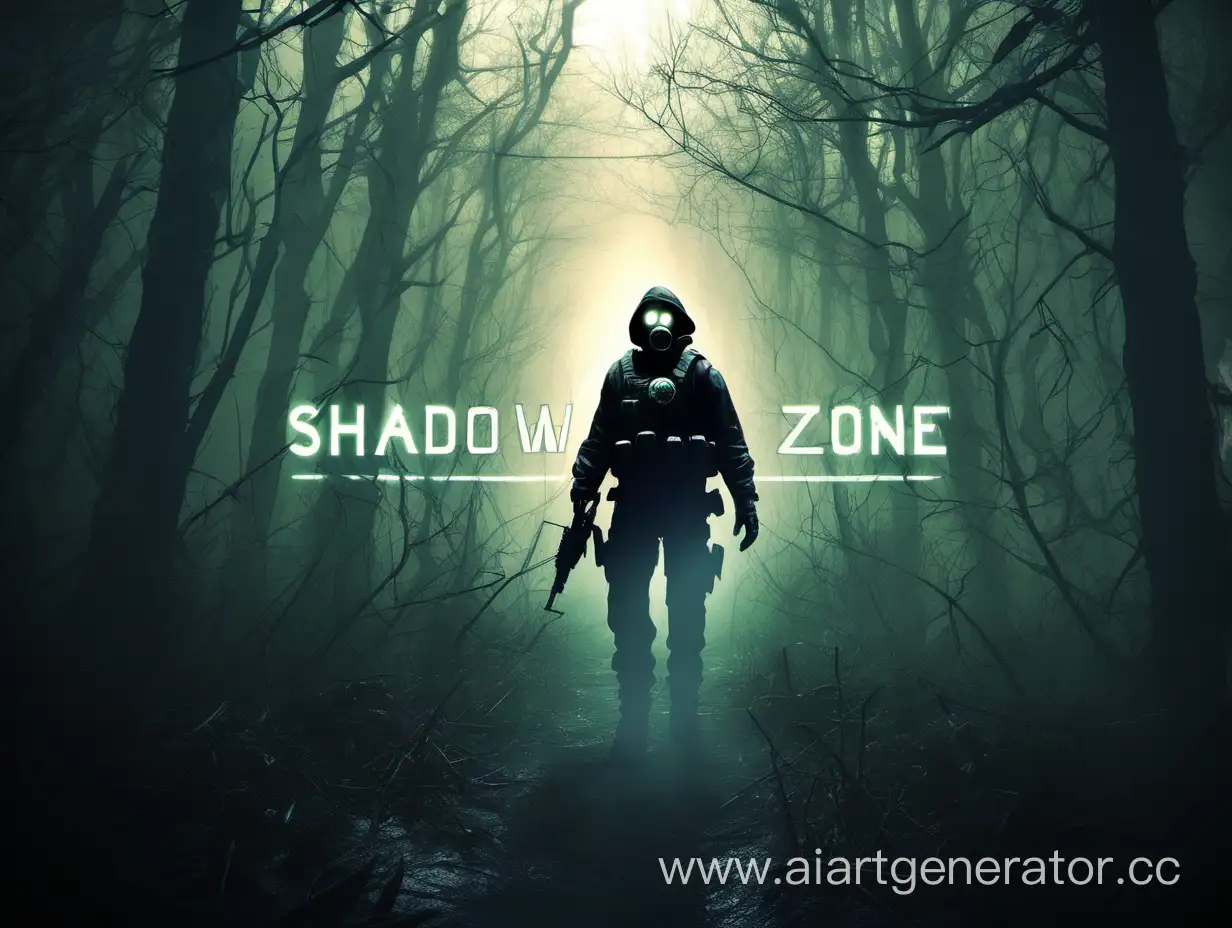 Лого для игры под названием SHADOW ZONE, по вселенной сталкер. На лого должен быть так же пейзаж зарослей в тумане, через который идет человек в противогазе с аномалиями сзади